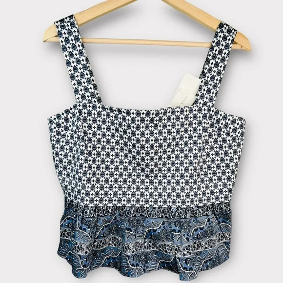 Veronica Beard Gari Cotton Peplum Paisley Print Top Blue White Button Back Sz 8